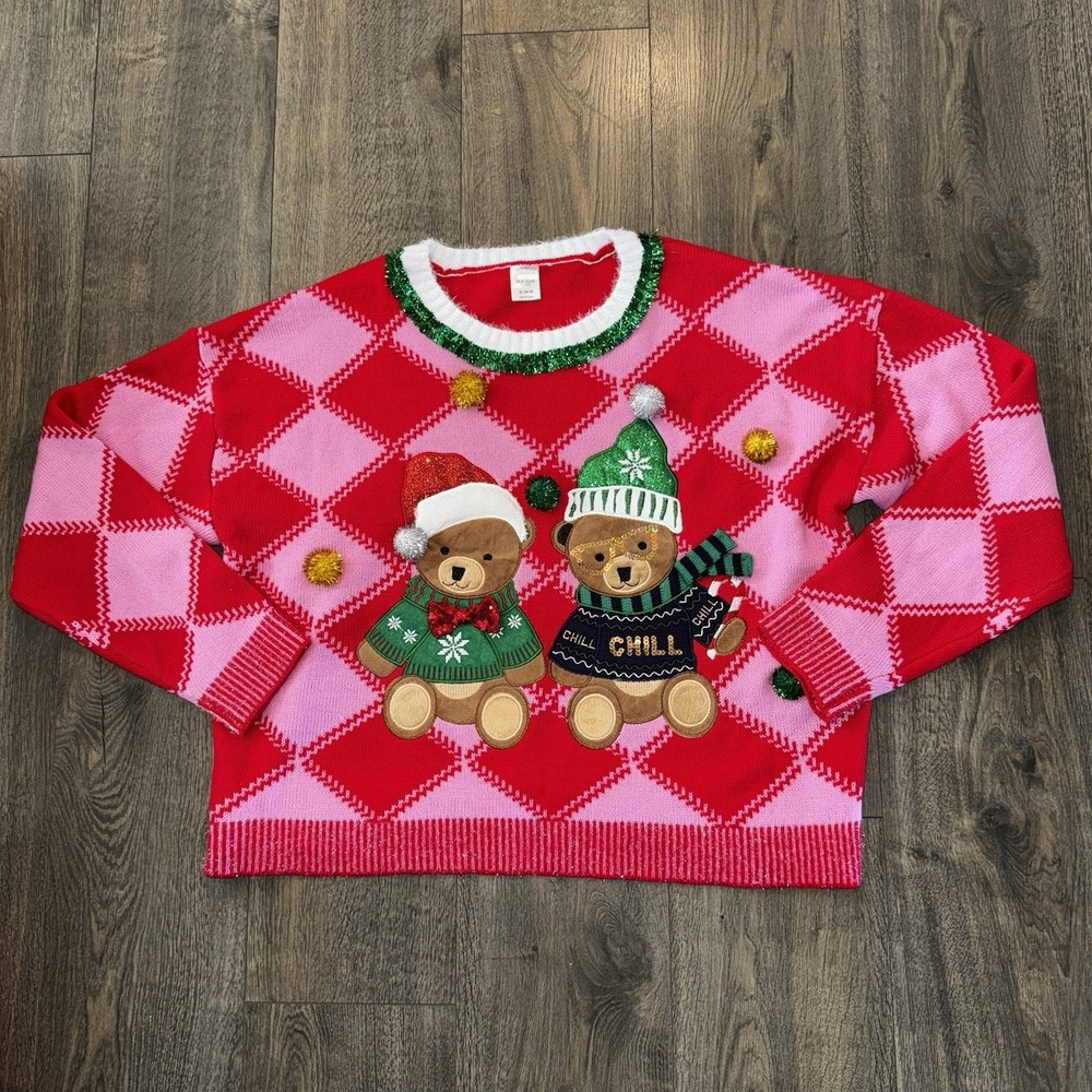 Holiday Time Women's S Embellished Ugly Christmas Sweater Pom Pom Teddy‎ Bears